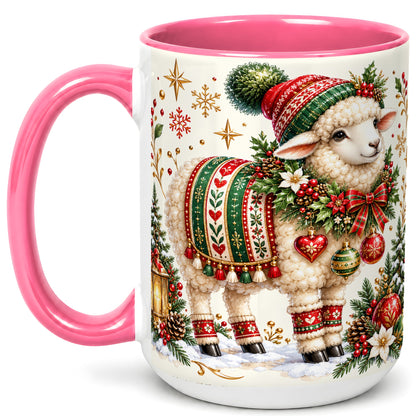 #pl[15oz|Pink] Christmas Lamb Coffee Mug, Cozy Winter Sheep Mug, Ceramic Cup