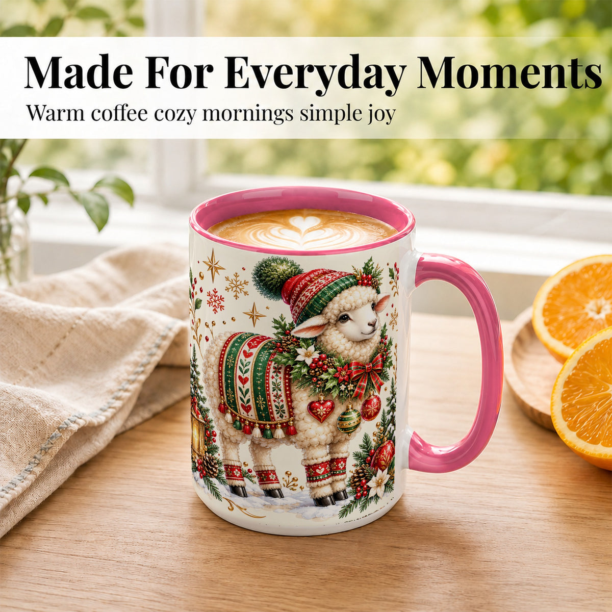 #pl[15oz|Pink] Christmas Lamb Coffee Mug, Cozy Winter Sheep Mug, Ceramic Cup
