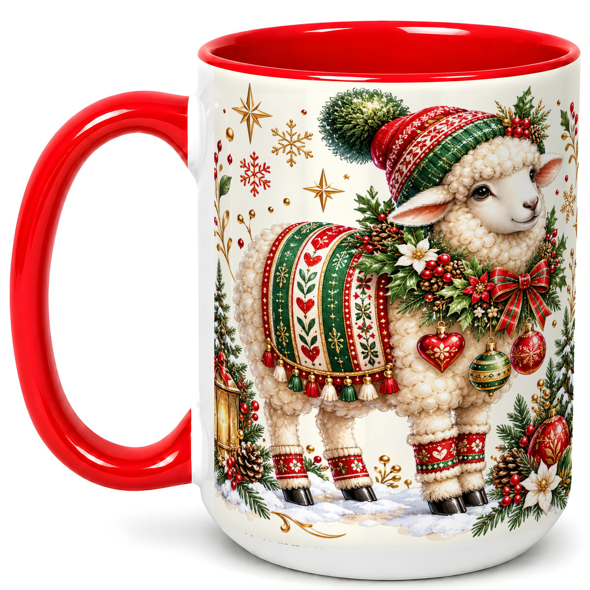 #pl[15oz|Red] Christmas Lamb Coffee Mug, Cozy Winter Sheep Mug, Ceramic Cup