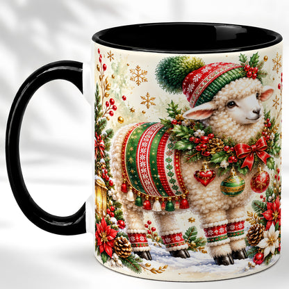 #pl[11oz|Black] Christmas Sheep Coffee Mug, Poinsettia Lamb Mug, Ceramic Cup
