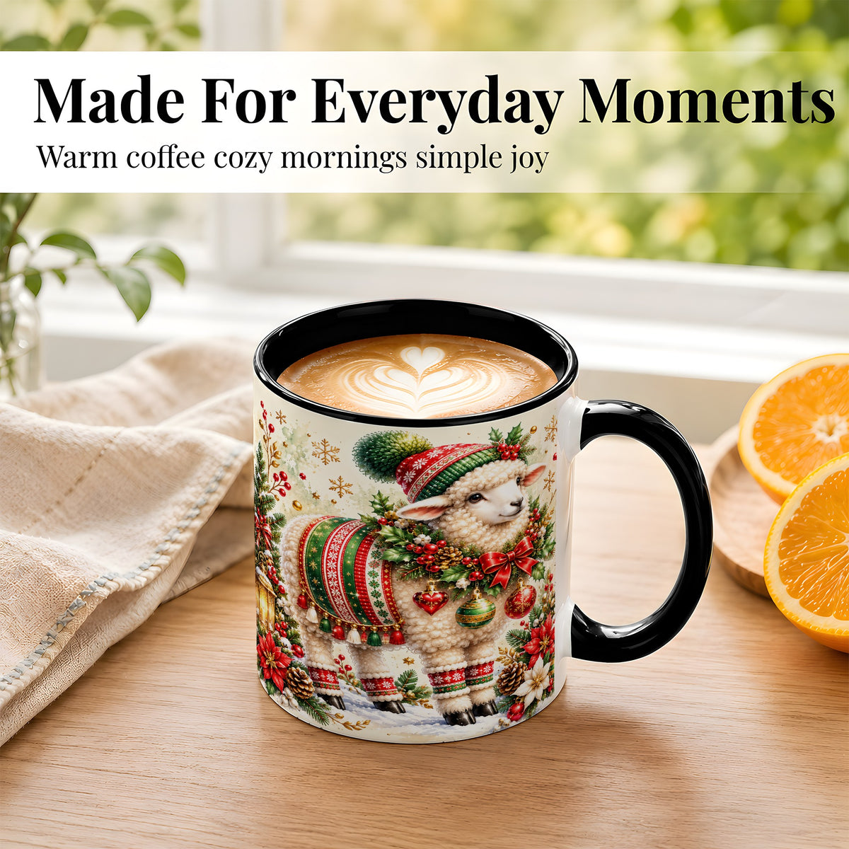 #pl[11oz|Black] Christmas Sheep Coffee Mug, Poinsettia Lamb Mug, Ceramic Cup