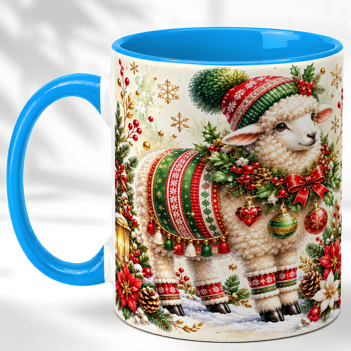 #pl[11oz|Blue] Christmas Sheep Coffee Mug, Poinsettia Lamb Mug, Ceramic Cup