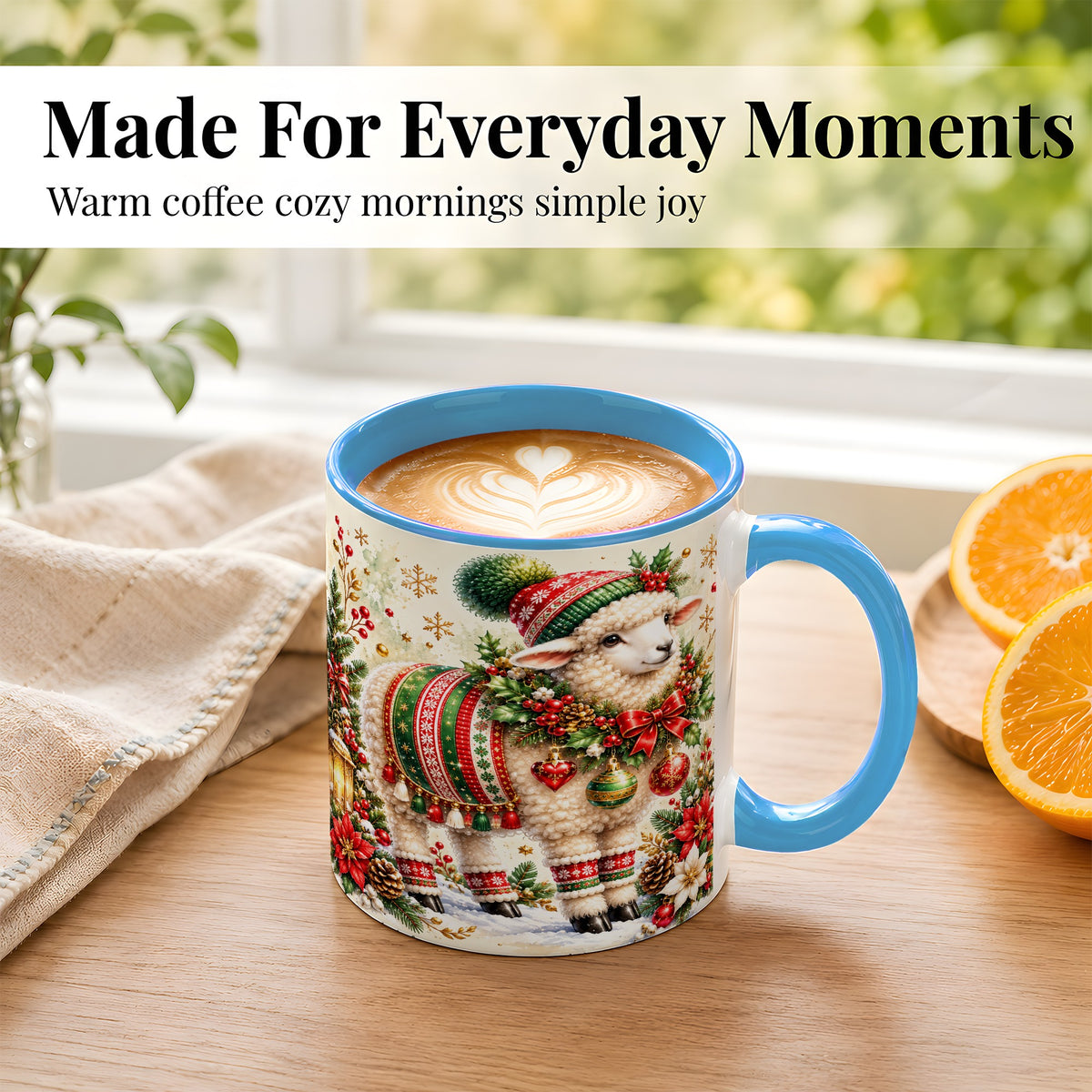 #pl[11oz|Blue] Christmas Sheep Coffee Mug, Poinsettia Lamb Mug, Ceramic Cup