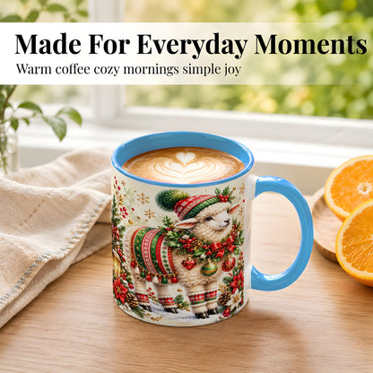 #pl[11oz|Blue] Christmas Sheep Coffee Mug, Poinsettia Lamb Mug, Ceramic Cup