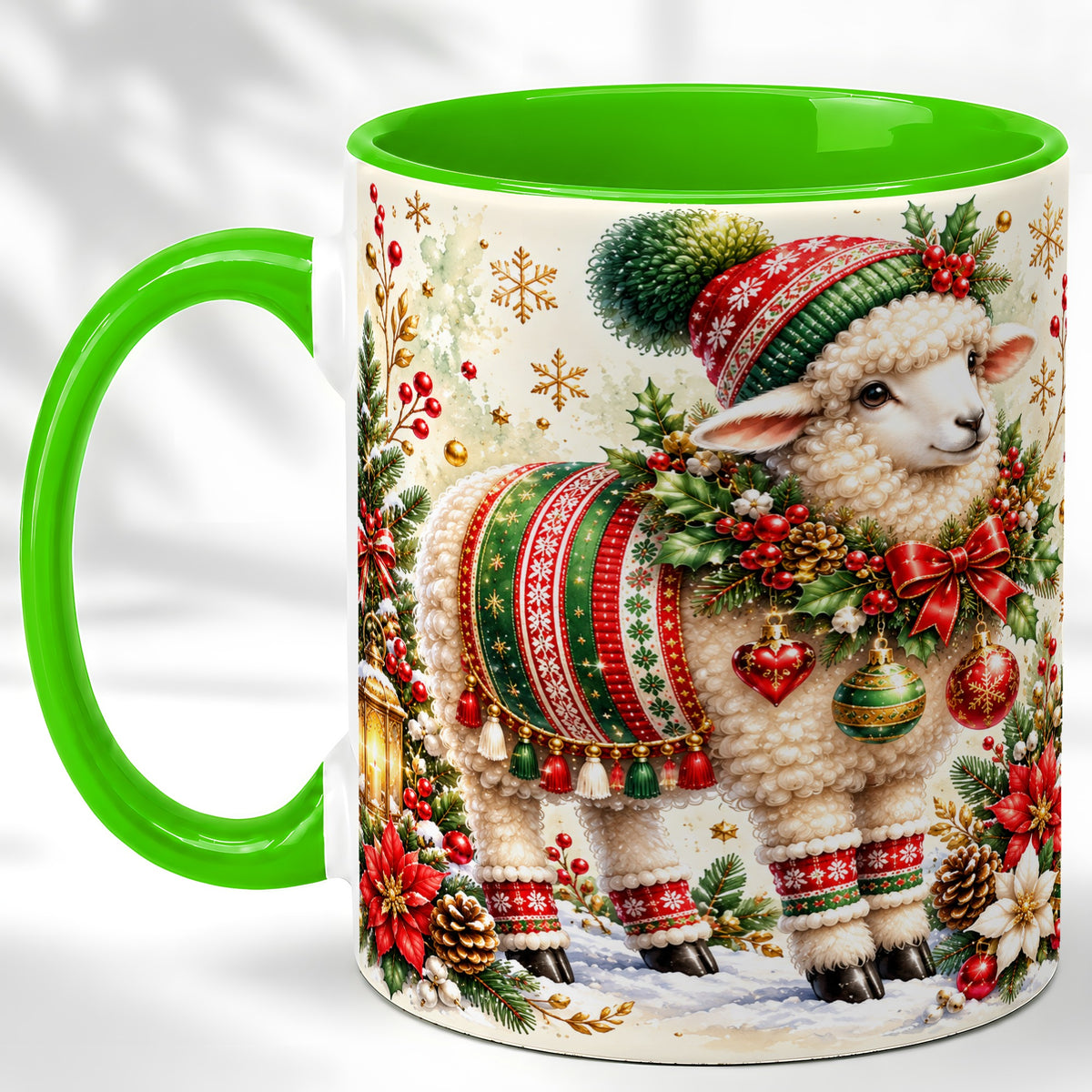 #pl[11oz|Green] Christmas Sheep Coffee Mug, Poinsettia Lamb Mug, Ceramic Cup
