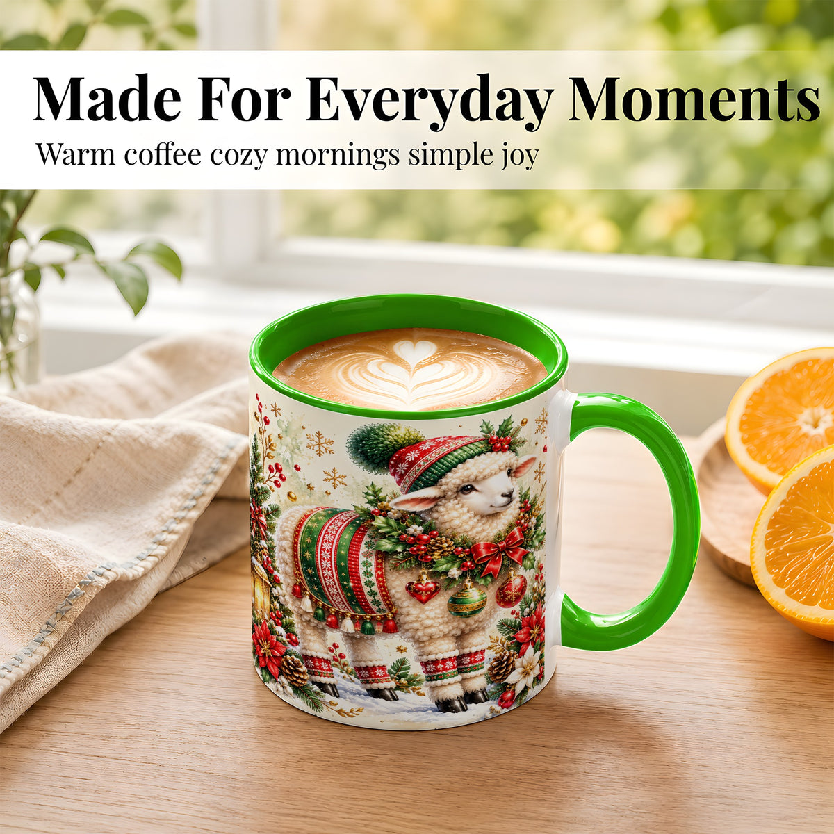 #pl[11oz|Green] Christmas Sheep Coffee Mug, Poinsettia Lamb Mug, Ceramic Cup