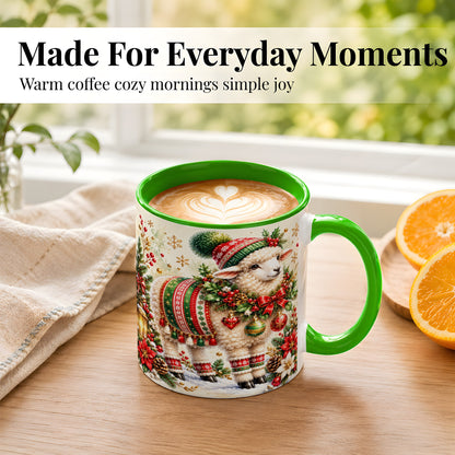 #pl[11oz|Green] Christmas Sheep Coffee Mug, Poinsettia Lamb Mug, Ceramic Cup