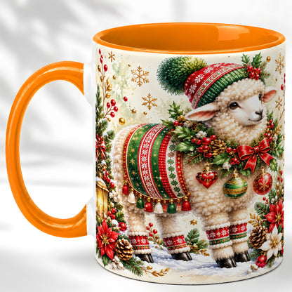 #pl[11oz|Orange] Christmas Sheep Coffee Mug, Poinsettia Lamb Mug, Ceramic Cup