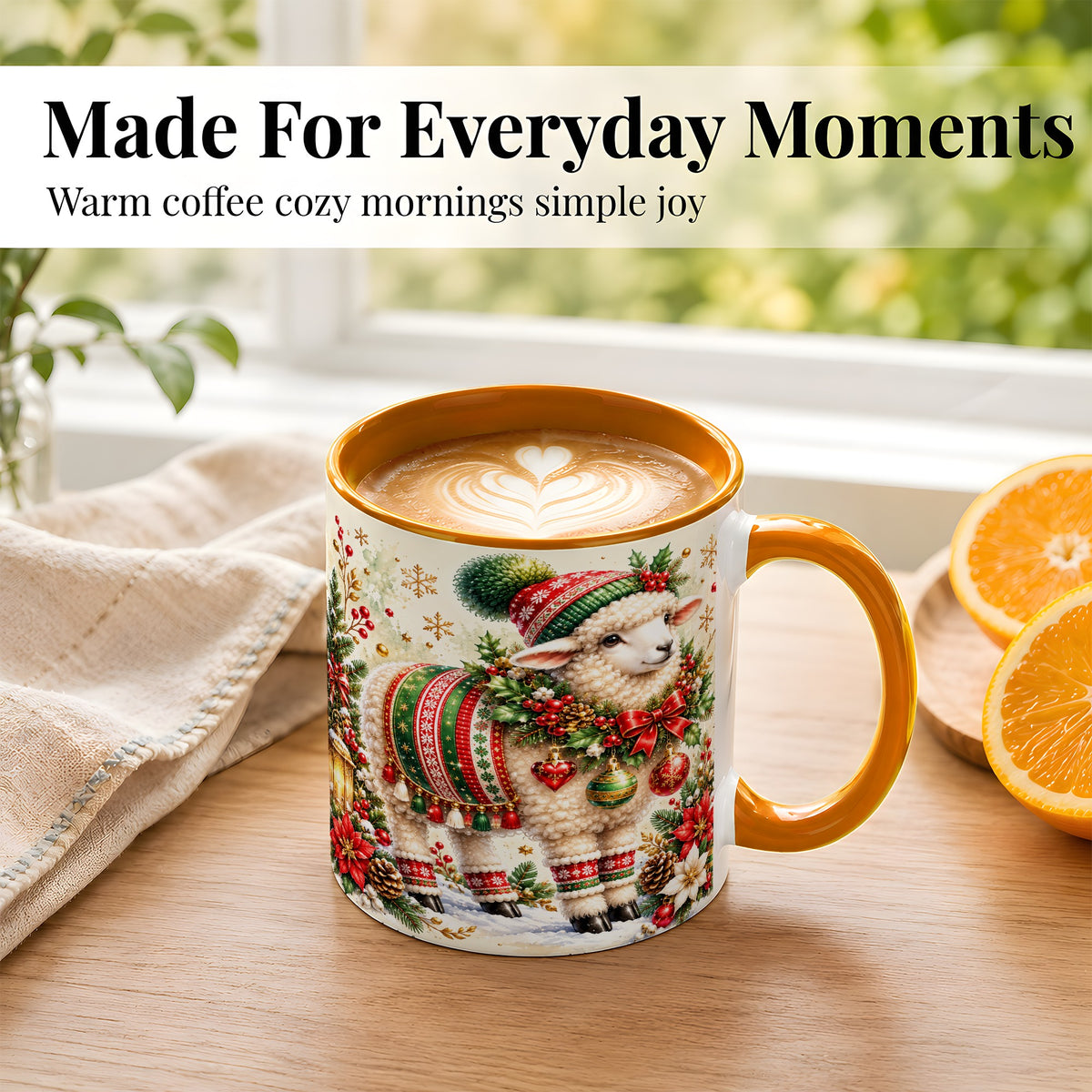 #pl[11oz|Orange] Christmas Sheep Coffee Mug, Poinsettia Lamb Mug, Ceramic Cup