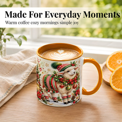 #pl[11oz|Orange] Christmas Sheep Coffee Mug, Poinsettia Lamb Mug, Ceramic Cup