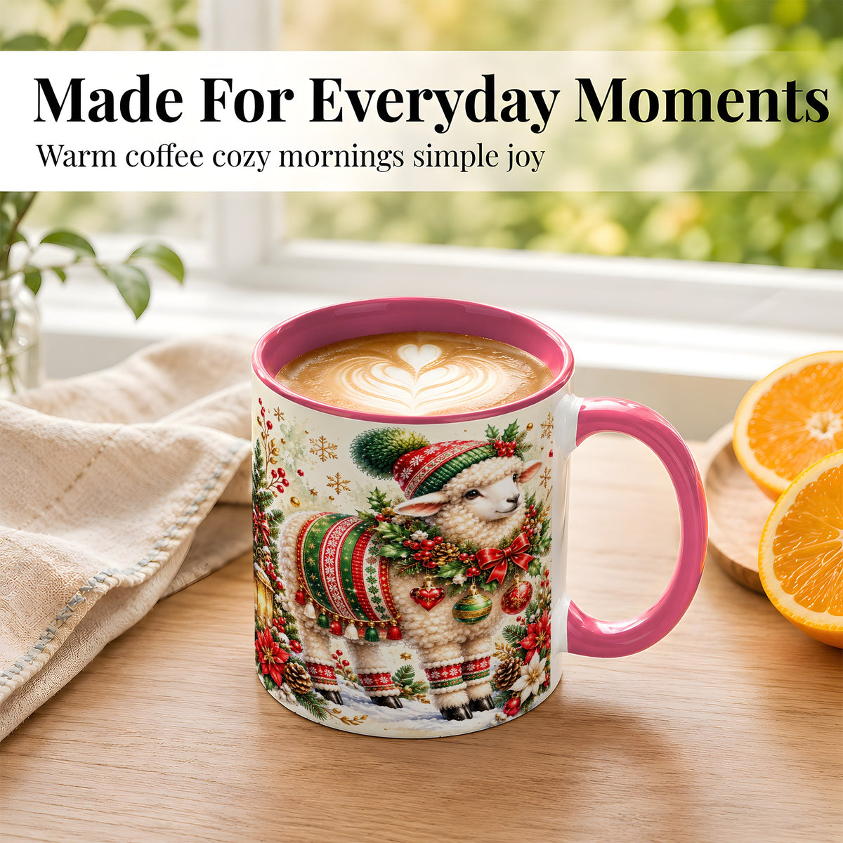 #pl[11oz|Pink] Christmas Sheep Coffee Mug, Poinsettia Lamb Mug, Ceramic Cup