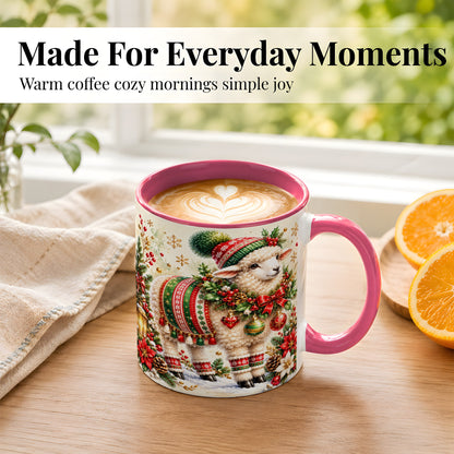#pl[11oz|Pink] Christmas Sheep Coffee Mug, Poinsettia Lamb Mug, Ceramic Cup