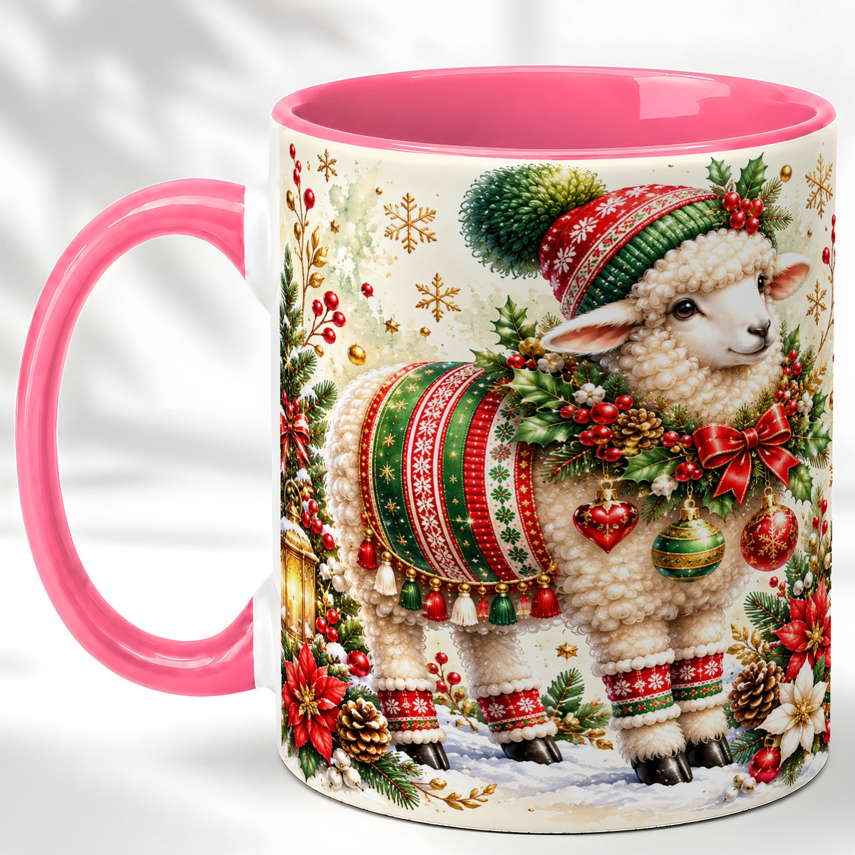 #pl[11oz|Pink] Christmas Sheep Coffee Mug, Poinsettia Lamb Mug, Ceramic Cup