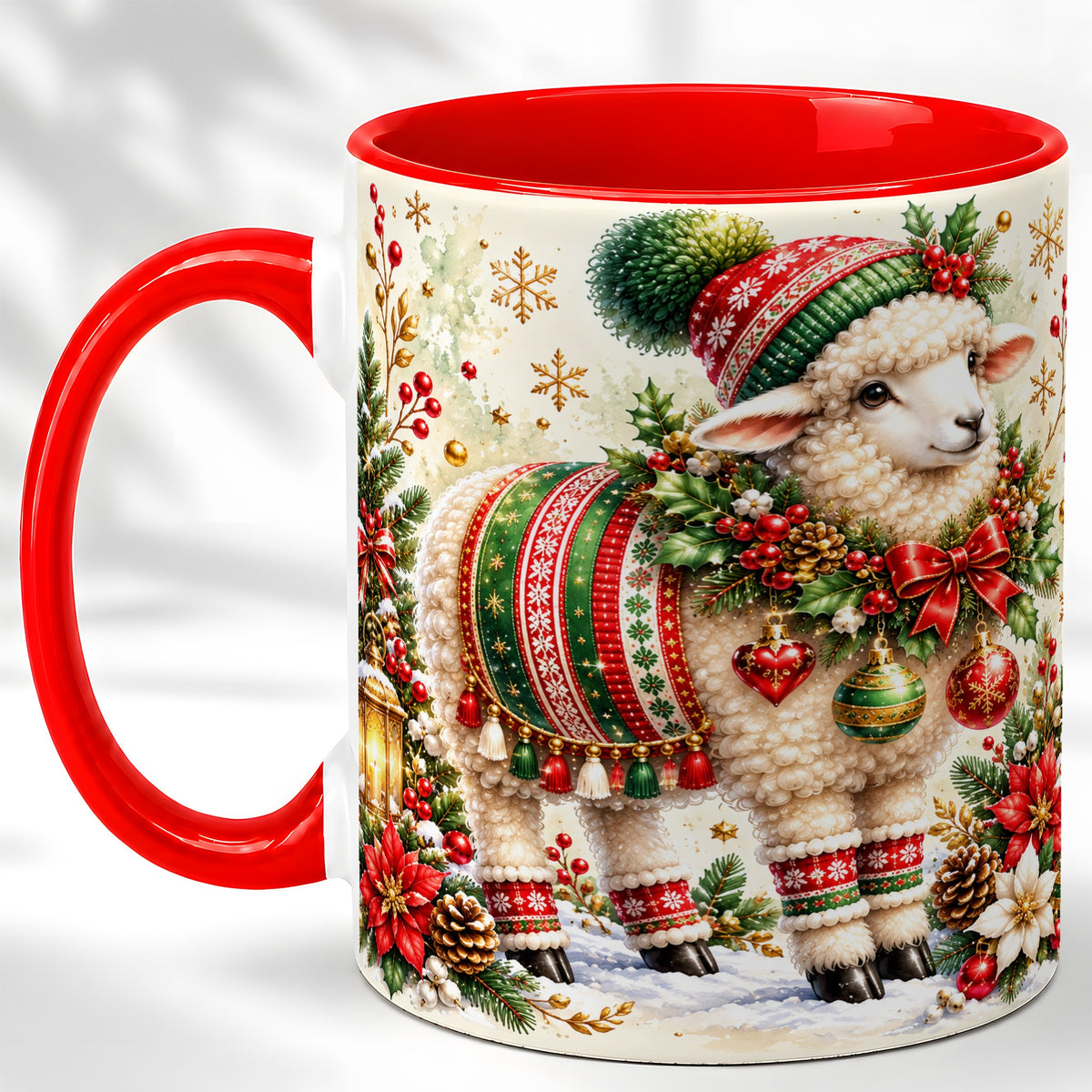 Christmas Sheep Coffee Mug, Poinsettia Lamb Mug, Ceramic Cup