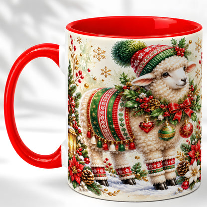 Christmas Sheep Coffee Mug, Poinsettia Lamb Mug, Ceramic Cup