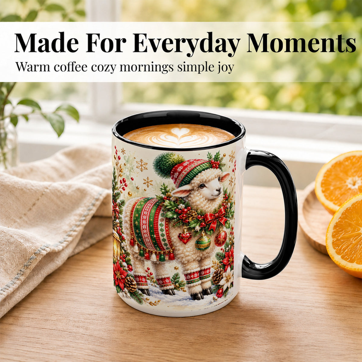 #pl[15oz|Black] Christmas Sheep Coffee Mug, Poinsettia Lamb Mug, Ceramic Cup