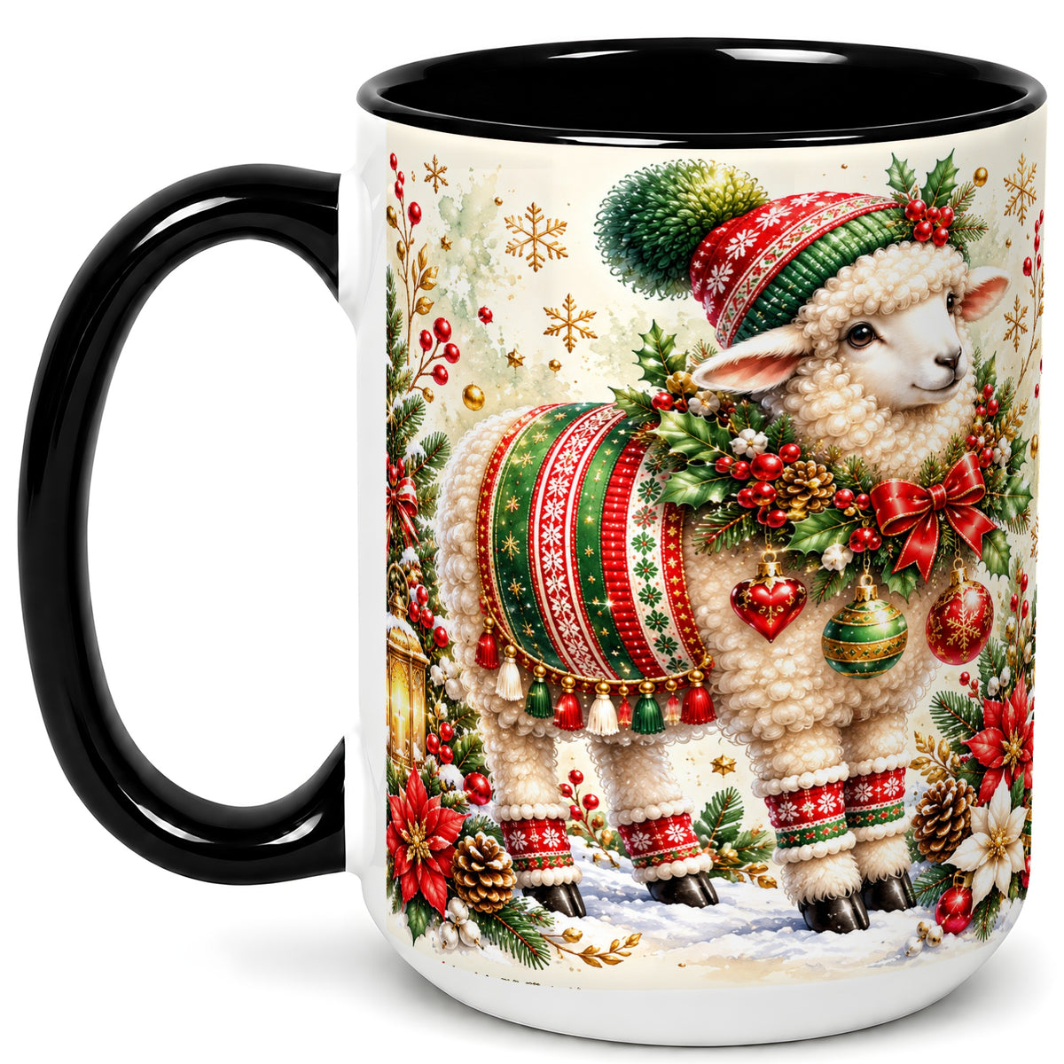 #pl[15oz|Black] Christmas Sheep Coffee Mug, Poinsettia Lamb Mug, Ceramic Cup