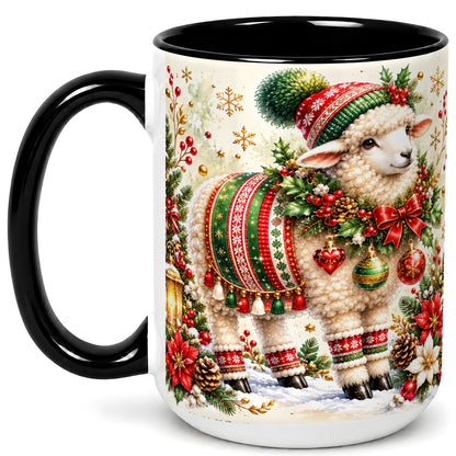 #pl[15oz|Black] Christmas Sheep Coffee Mug, Poinsettia Lamb Mug, Ceramic Cup