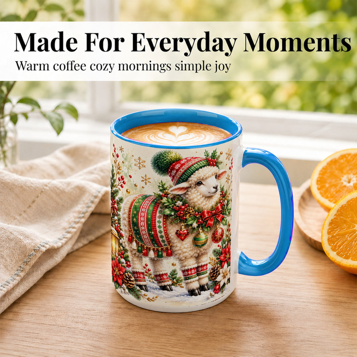 #pl[15oz|Blue] Christmas Sheep Coffee Mug, Poinsettia Lamb Mug, Ceramic Cup