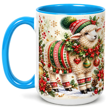 #pl[15oz|Blue] Christmas Sheep Coffee Mug, Poinsettia Lamb Mug, Ceramic Cup