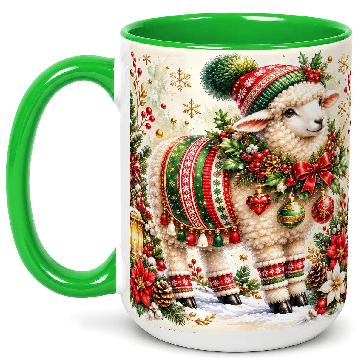 #pl[15oz|Green] Christmas Sheep Coffee Mug, Poinsettia Lamb Mug, Ceramic Cup
