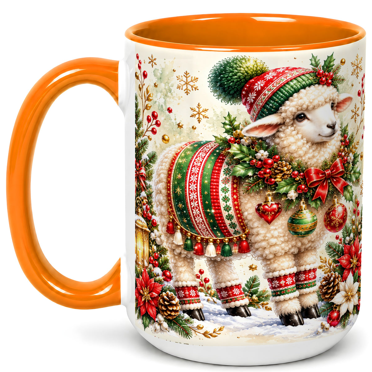#pl[15oz|Orange] Christmas Sheep Coffee Mug, Poinsettia Lamb Mug, Ceramic Cup