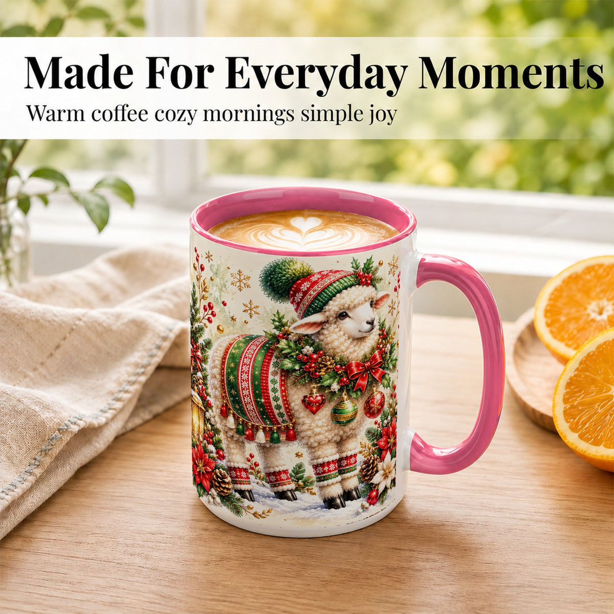 #pl[15oz|Pink] Christmas Sheep Coffee Mug, Poinsettia Lamb Mug, Ceramic Cup