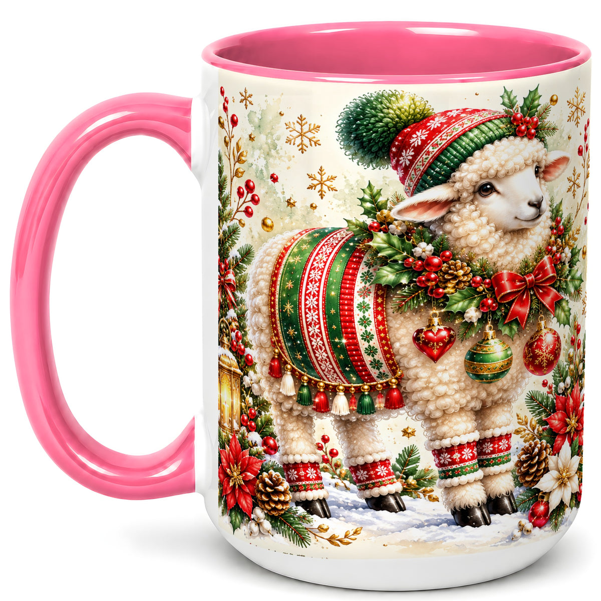 #pl[15oz|Pink] Christmas Sheep Coffee Mug, Poinsettia Lamb Mug, Ceramic Cup