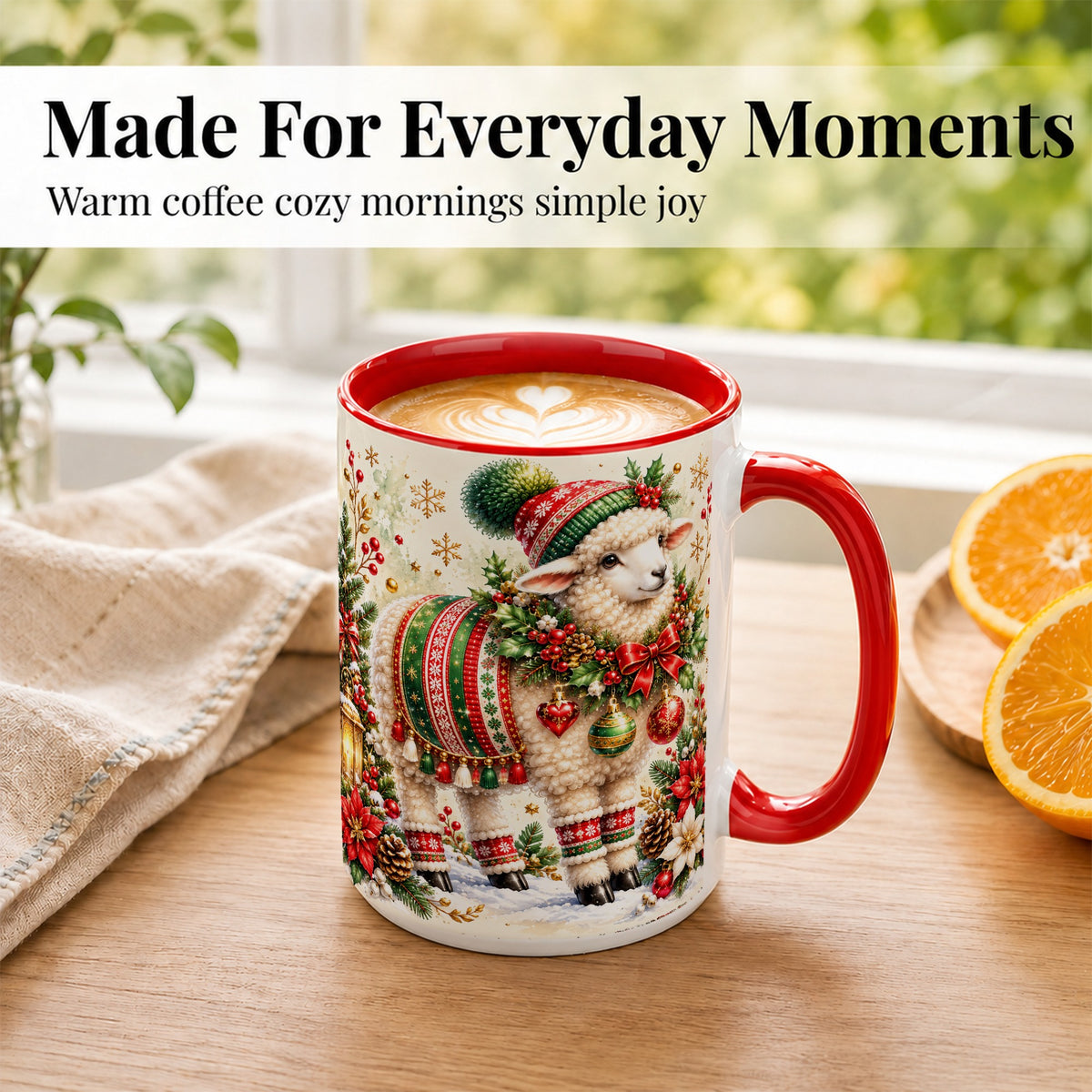 #pl[15oz|Red] Christmas Sheep Coffee Mug, Poinsettia Lamb Mug, Ceramic Cup