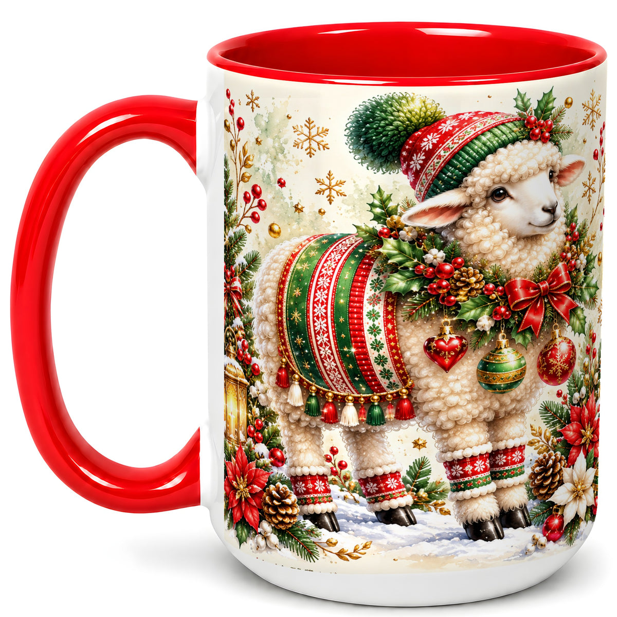 #pl[15oz|Red] Christmas Sheep Coffee Mug, Poinsettia Lamb Mug, Ceramic Cup