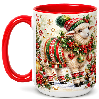 #pl[15oz|Red] Christmas Sheep Coffee Mug, Poinsettia Lamb Mug, Ceramic Cup
