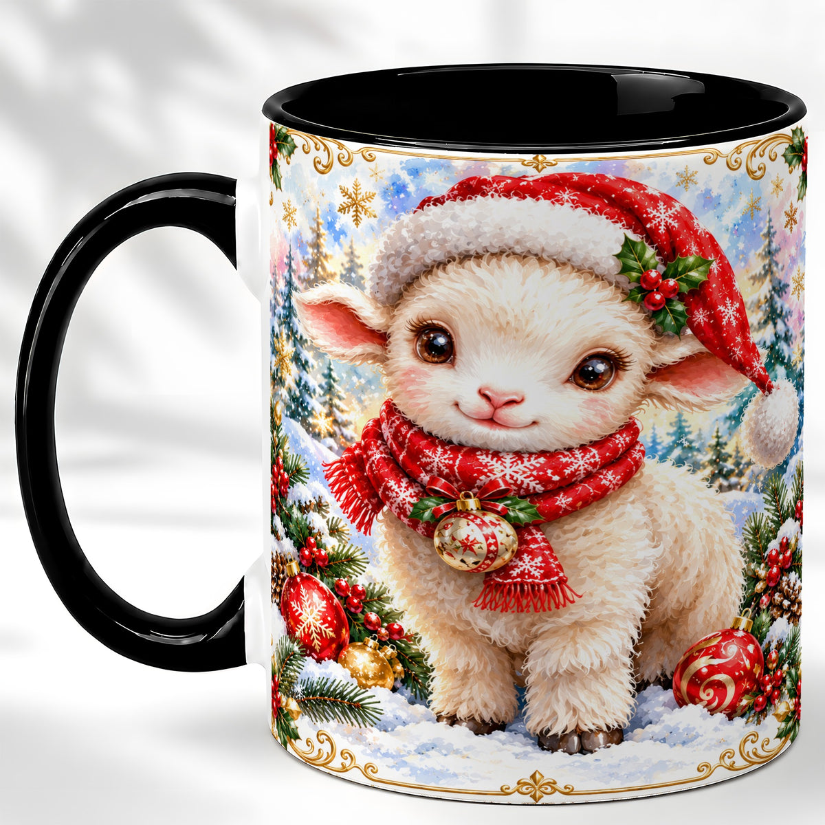 #pl[11oz|Black] Christmas Lamb Coffee Mug, Santa Sheep Mug, Ceramic Cup