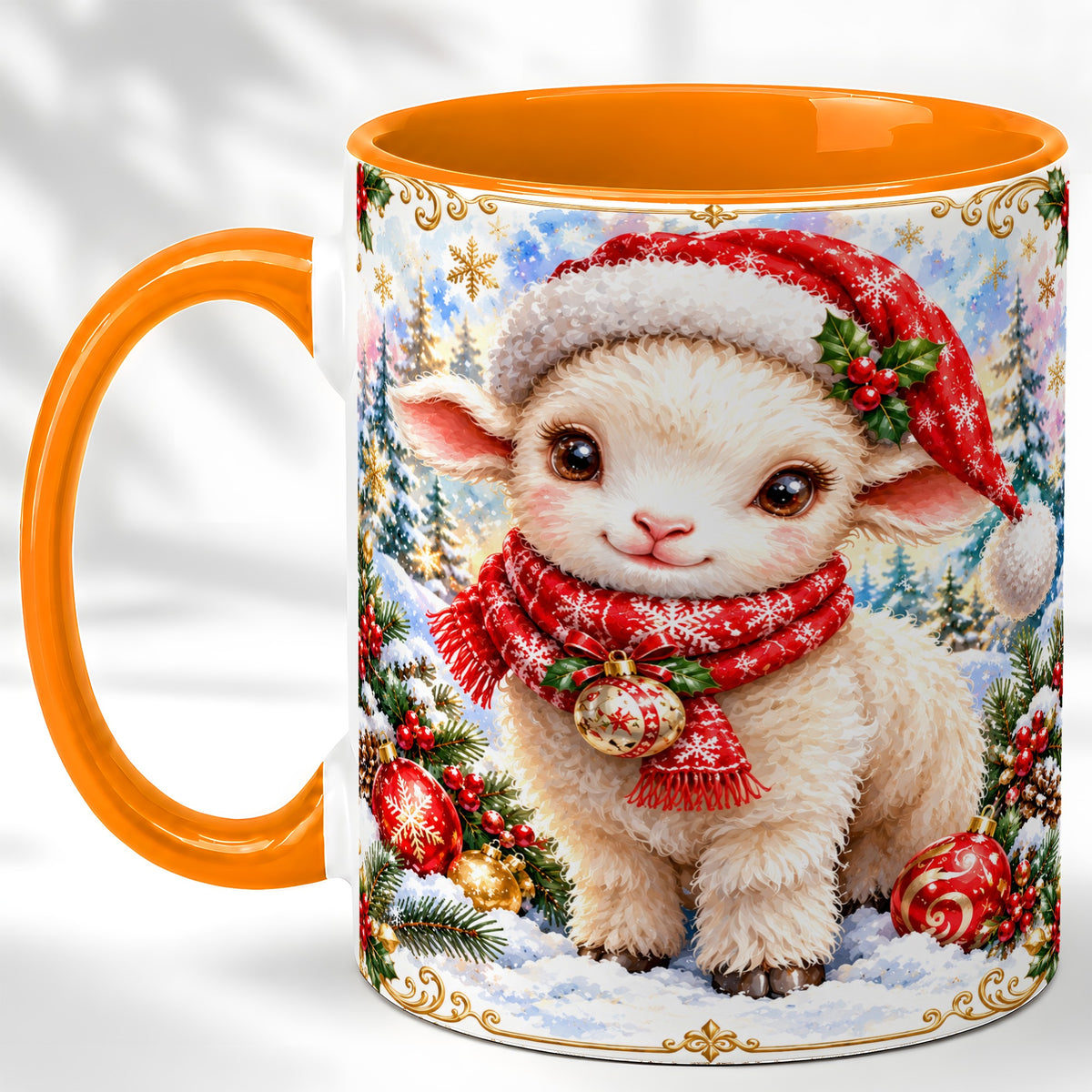 #pl[11oz|Orange] Christmas Lamb Coffee Mug, Santa Sheep Mug, Ceramic Cup