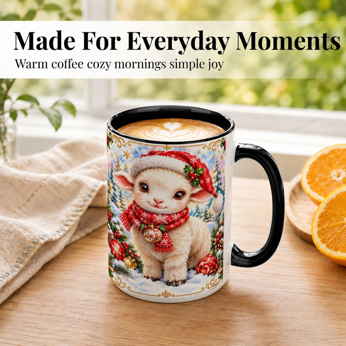 #pl[15oz|Black] Christmas Lamb Coffee Mug, Santa Sheep Mug, Ceramic Cup