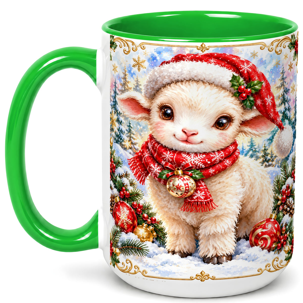 #pl[15oz|Green] Christmas Lamb Coffee Mug, Santa Sheep Mug, Ceramic Cup