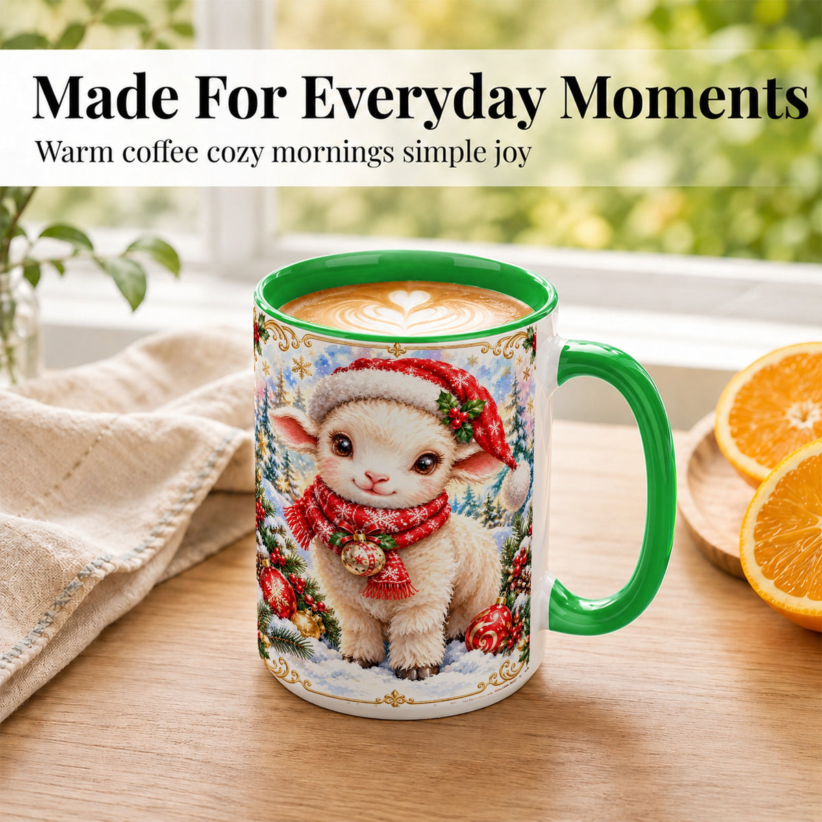 #pl[15oz|Green] Christmas Lamb Coffee Mug, Santa Sheep Mug, Ceramic Cup