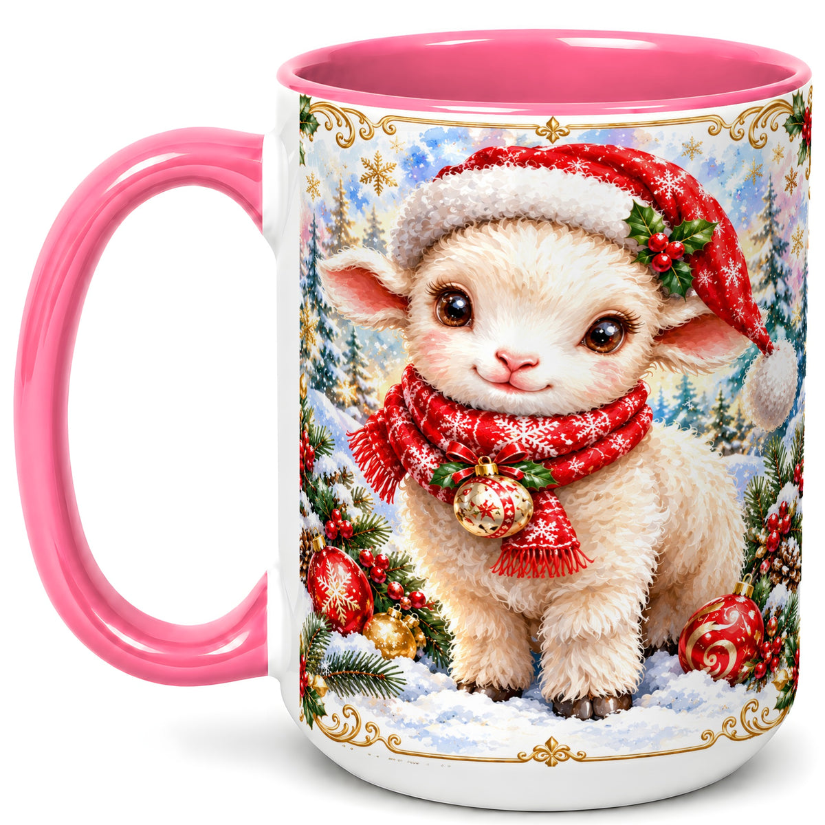 #pl[15oz|Pink] Christmas Lamb Coffee Mug, Santa Sheep Mug, Ceramic Cup