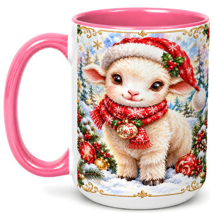 #pl[15oz|Pink] Christmas Lamb Coffee Mug, Santa Sheep Mug, Ceramic Cup