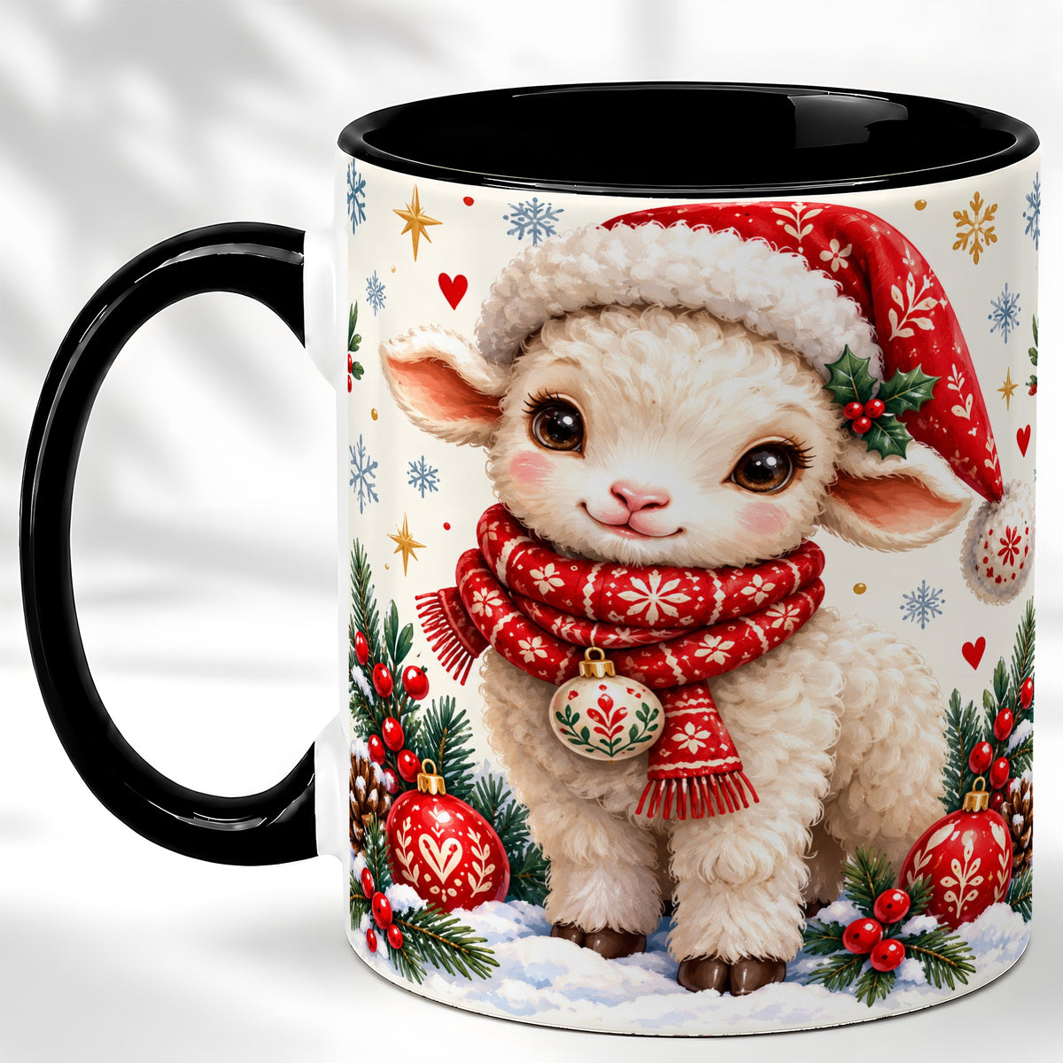 #pl[11oz|Black] Cute Christmas Sheep Coffee Mug, Santa Lamb Mug, Ceramic Cup