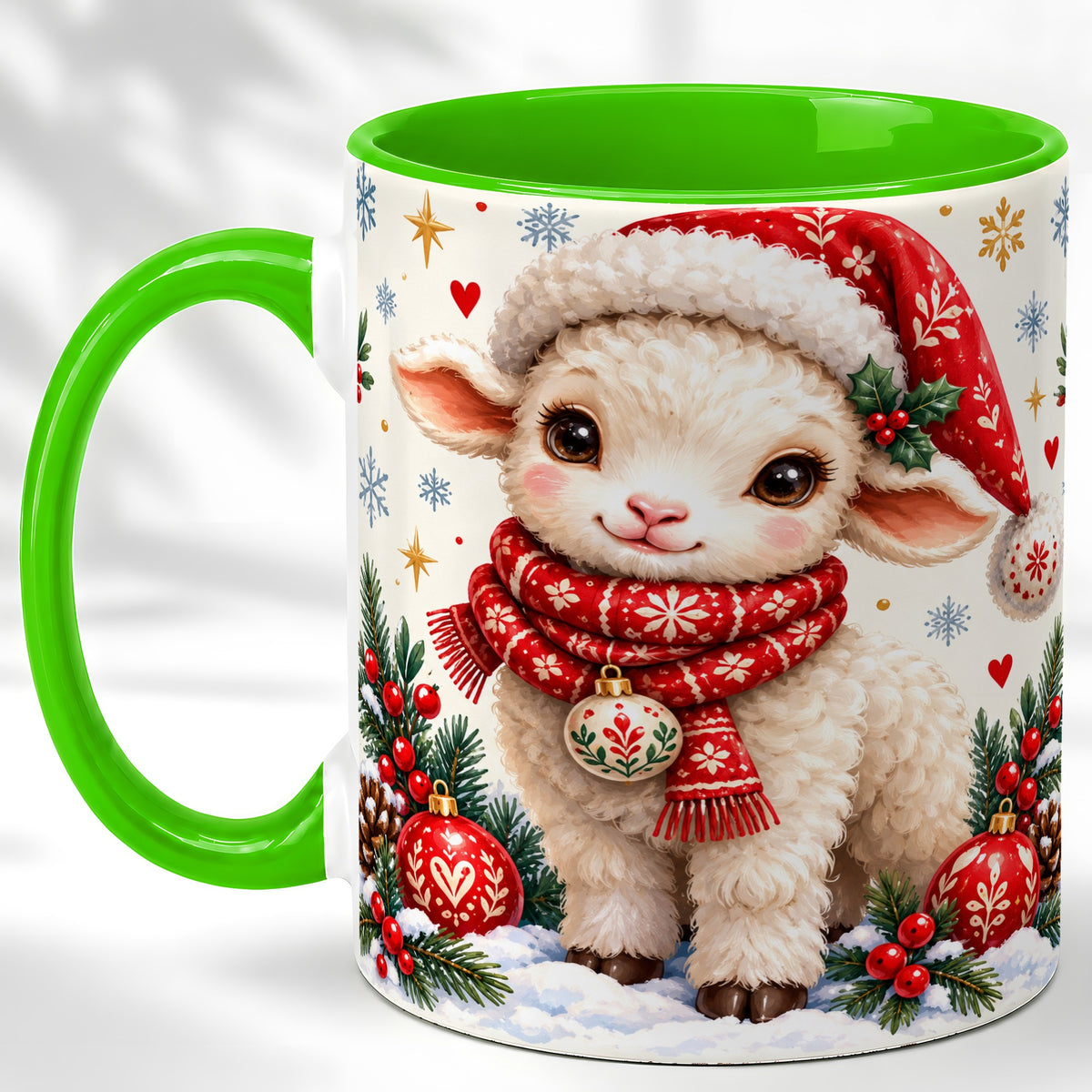 #pl[11oz|Green] Cute Christmas Sheep Coffee Mug, Santa Lamb Mug, Ceramic Cup