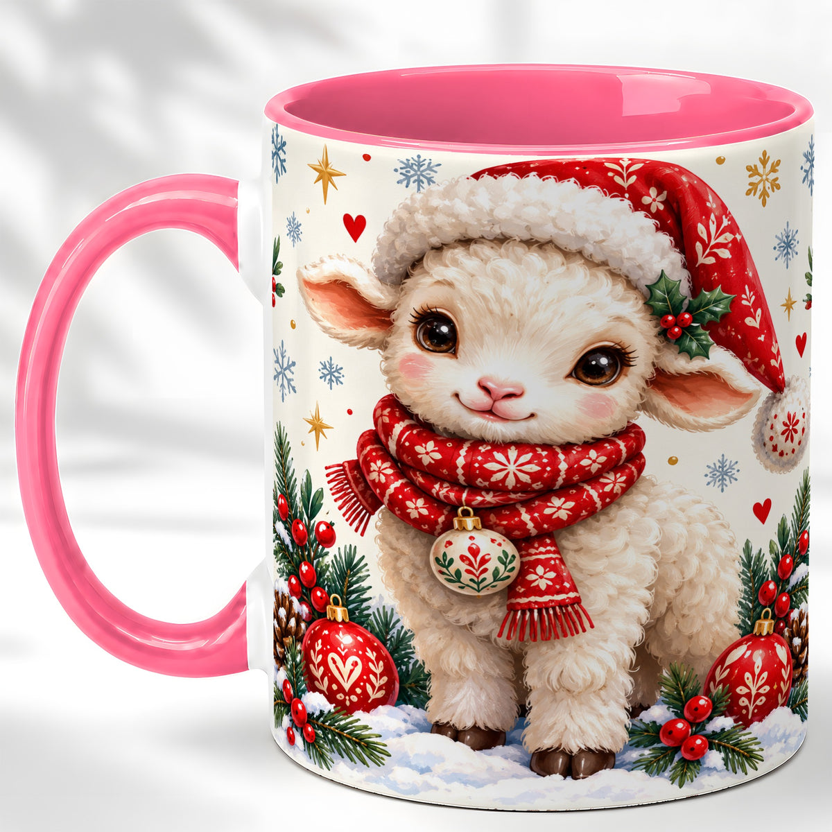 #pl[11oz|Pink] Cute Christmas Sheep Coffee Mug, Santa Lamb Mug, Ceramic Cup