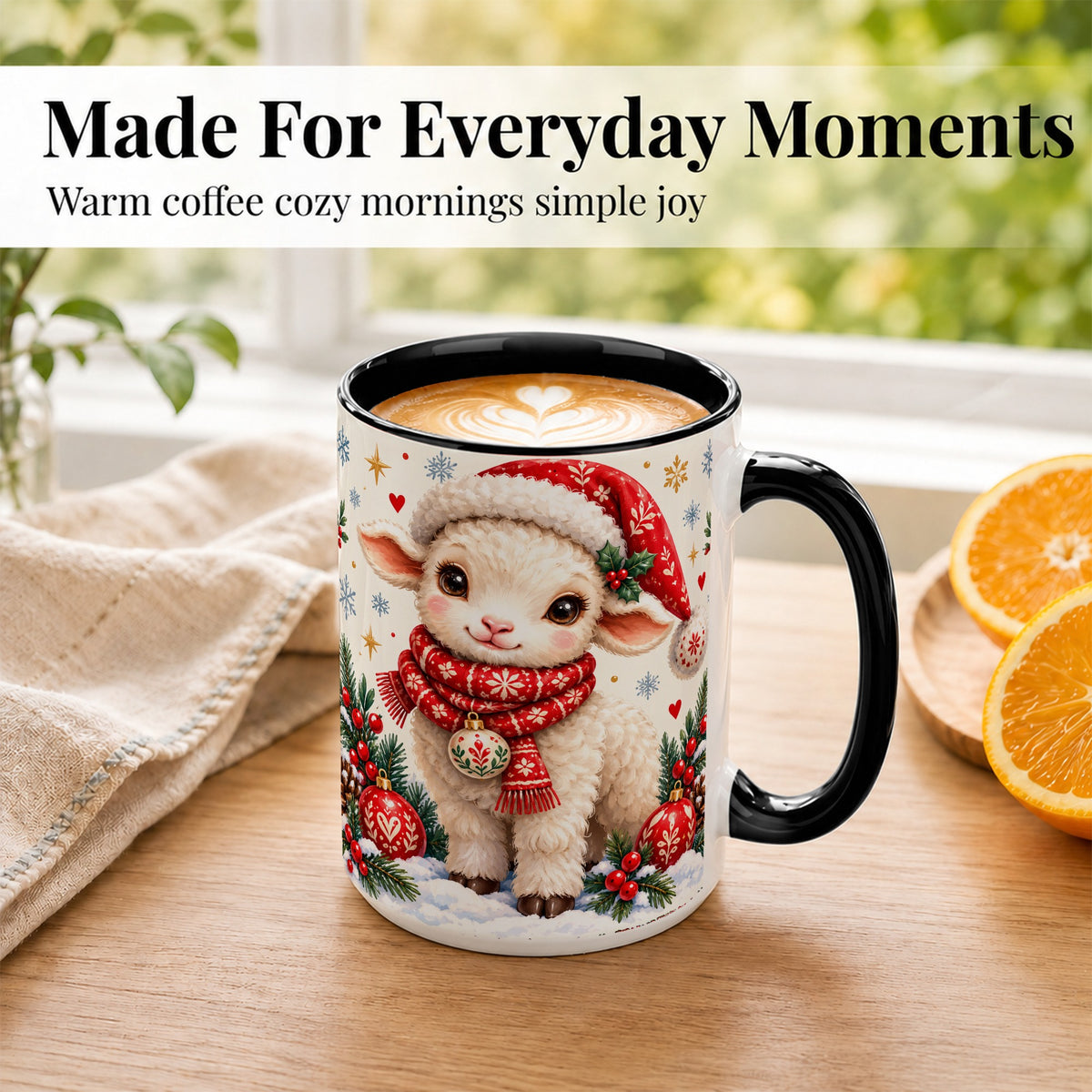 #pl[15oz|Black] Cute Christmas Sheep Coffee Mug, Santa Lamb Mug, Ceramic Cup