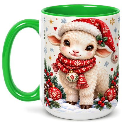 #pl[15oz|Green] Cute Christmas Sheep Coffee Mug, Santa Lamb Mug, Ceramic Cup
