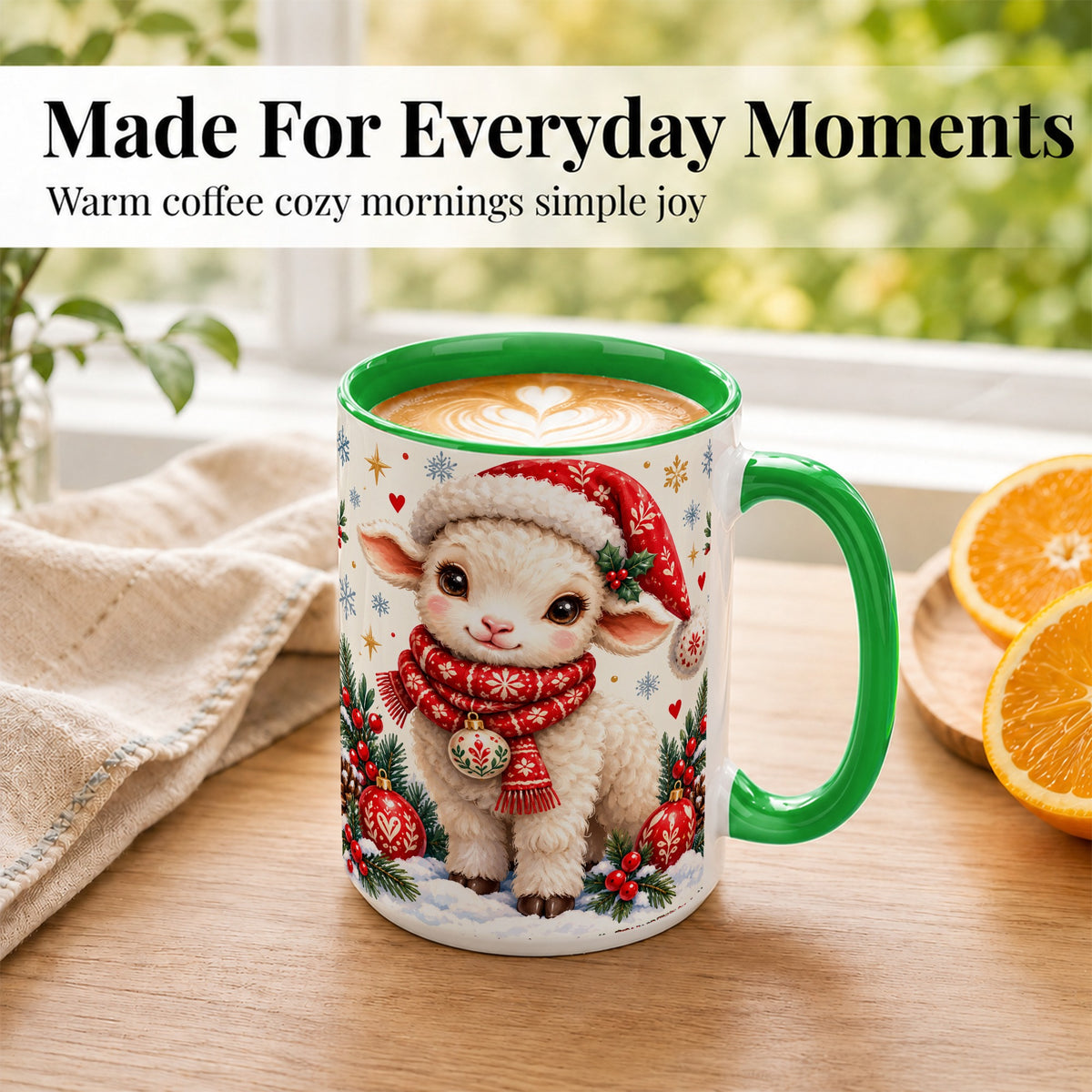 #pl[15oz|Green] Cute Christmas Sheep Coffee Mug, Santa Lamb Mug, Ceramic Cup