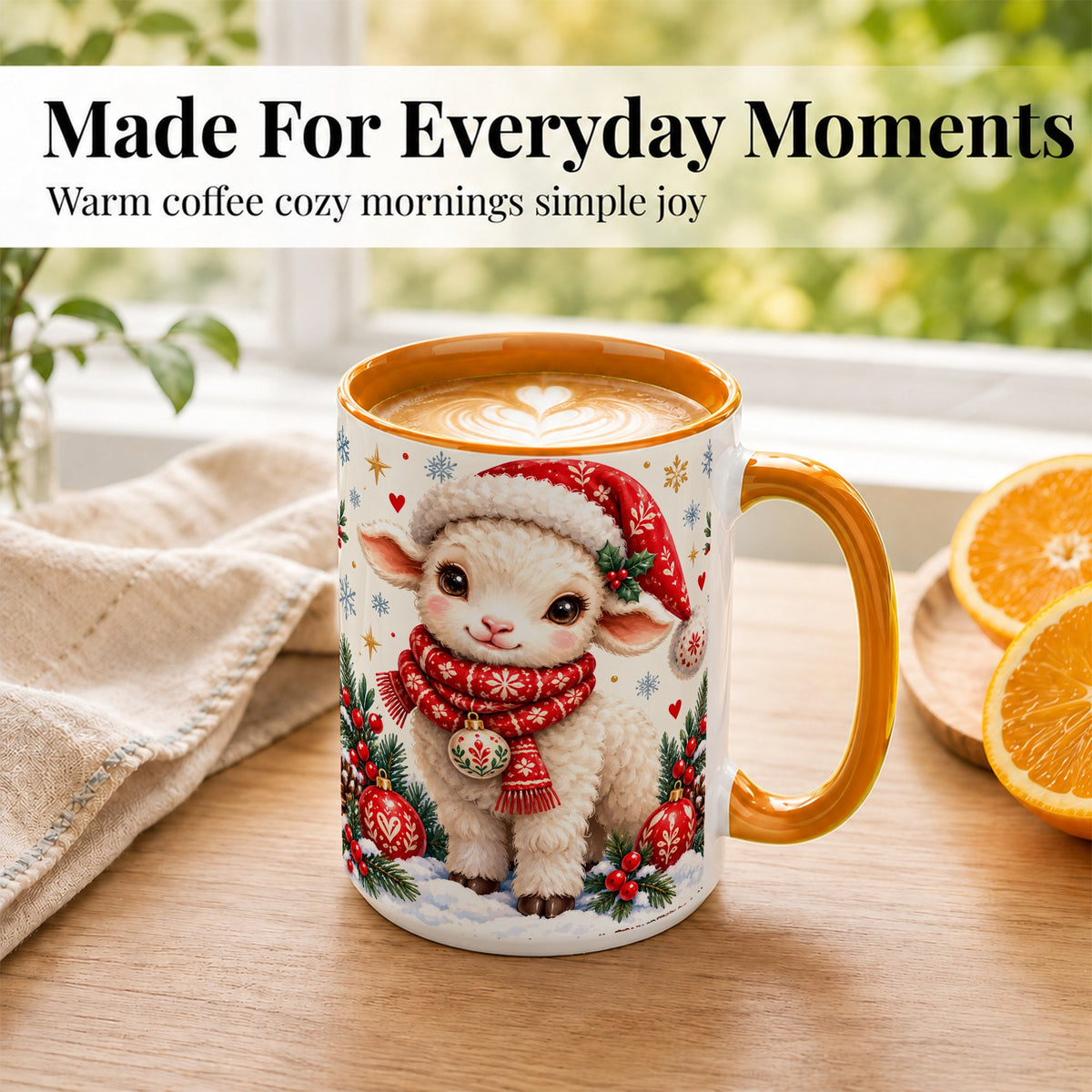 #pl[15oz|Orange] Cute Christmas Sheep Coffee Mug, Santa Lamb Mug, Ceramic Cup