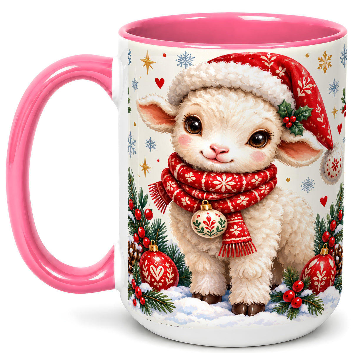 #pl[15oz|Pink] Cute Christmas Sheep Coffee Mug, Santa Lamb Mug, Ceramic Cup