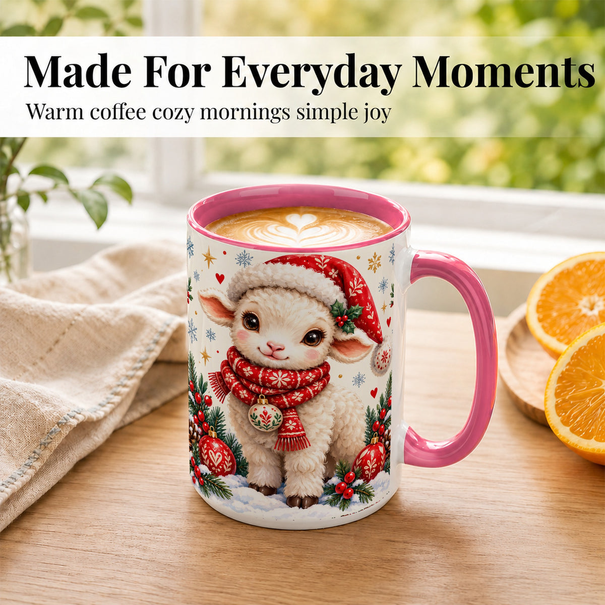 #pl[15oz|Pink] Cute Christmas Sheep Coffee Mug, Santa Lamb Mug, Ceramic Cup