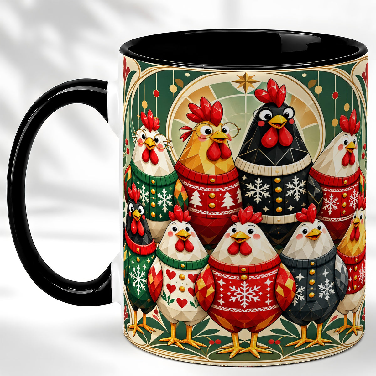 #pl[11oz|Black] Christmas Chickens Coffee Mug, Holiday Chicken Flock Mug, Ceramic Cup