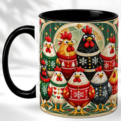 #pl[11oz|Black] Christmas Chickens Coffee Mug, Holiday Chicken Flock Mug, Ceramic Cup