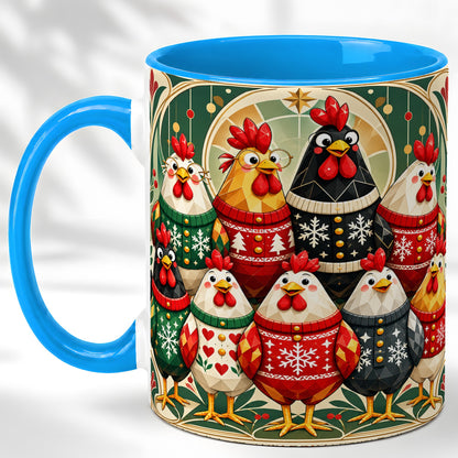 #pl[11oz|Blue] Christmas Chickens Coffee Mug, Holiday Chicken Flock Mug, Ceramic Cup